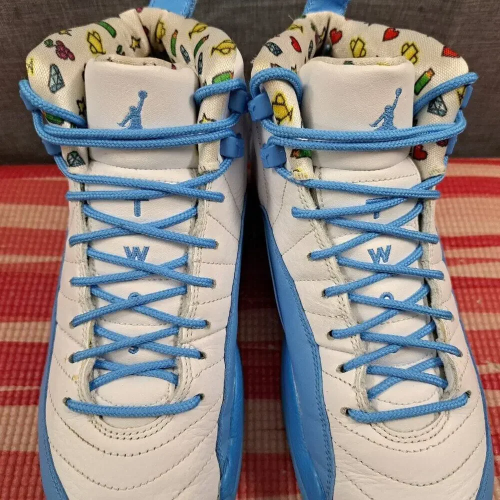 %Nike 5Y/W6.5 Air Jordan 12 University Blue UNC Emoji GS Sneakers / AJ10